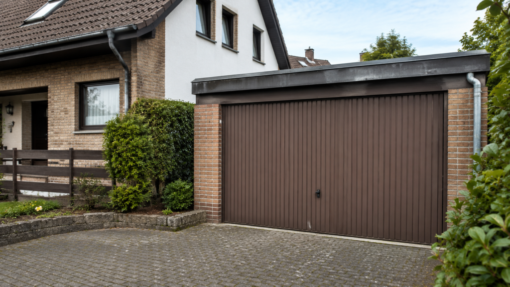 Älteres Garagentor an einem gepflegten Einfamilienhaus in Münster.